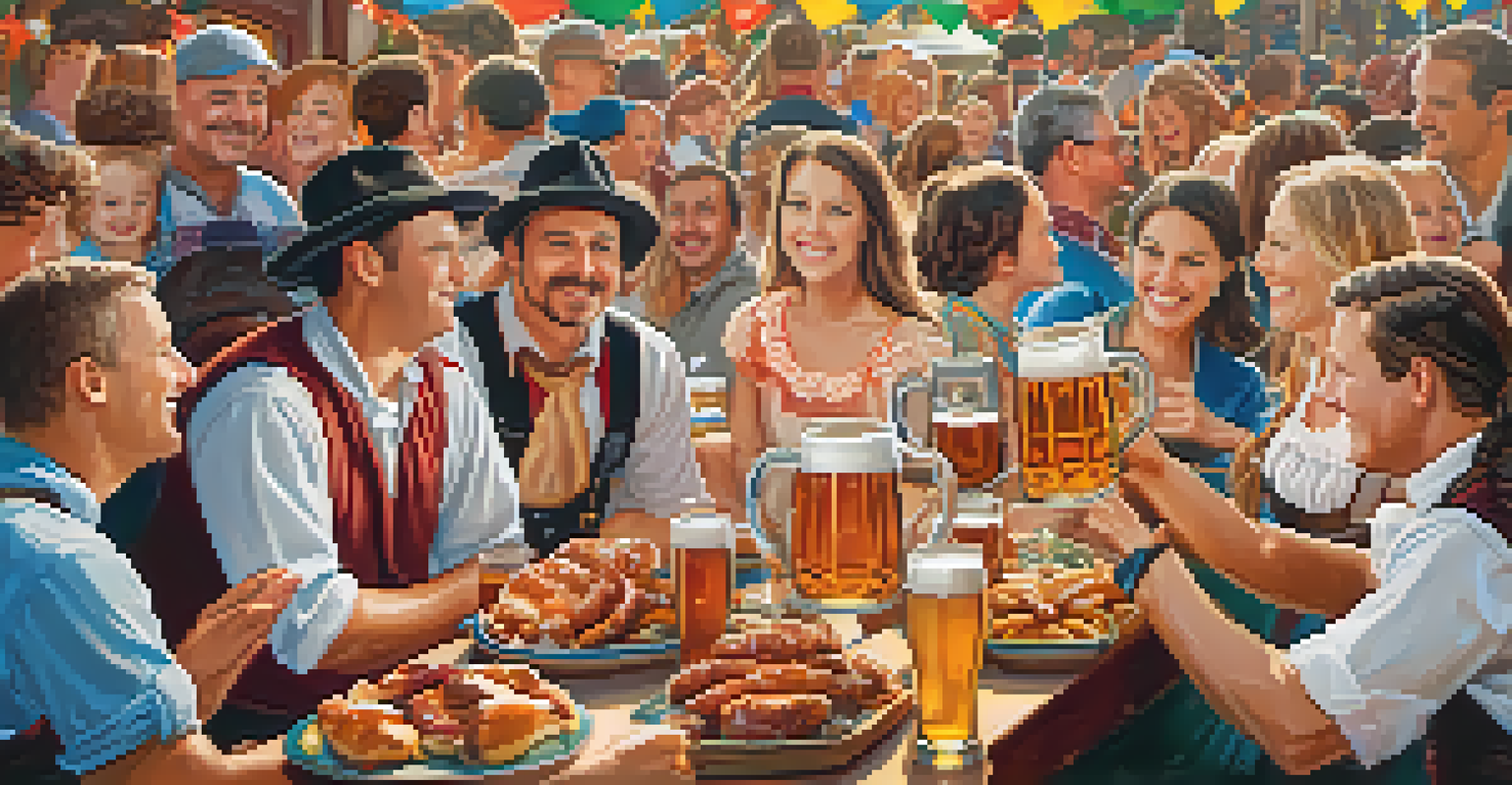 People enjoying food and drinks at an Oktoberfest celebration with music and decorations.