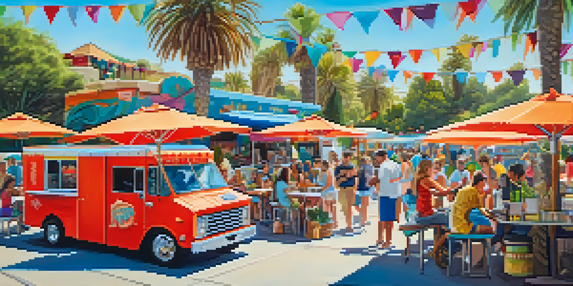 A lively outdoor food truck scene with people dining at picnic tables, enjoying tacos, burgers, and seafood under a sunny sky.