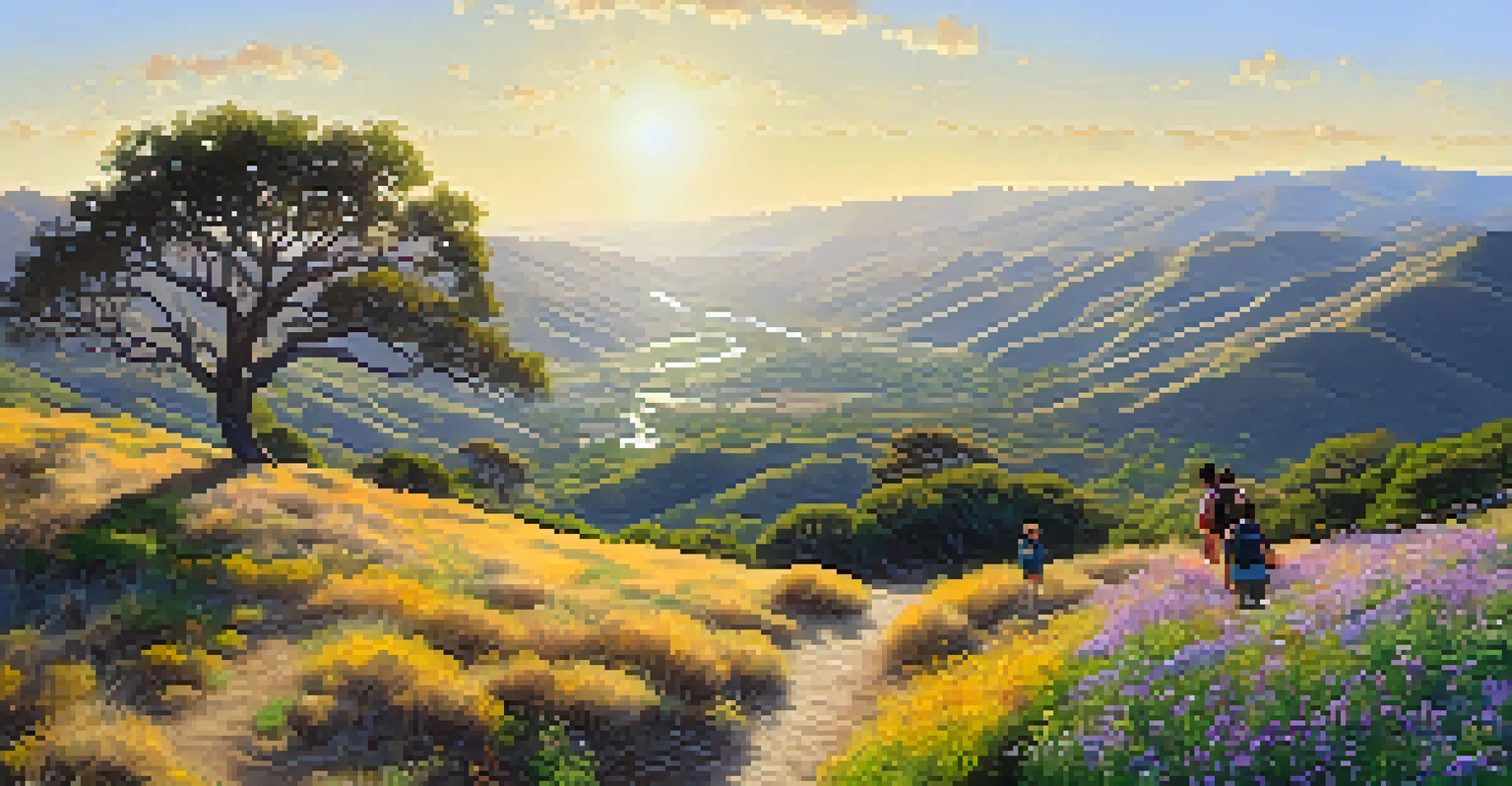 A scenic overlook at Elfin Forest, with wildflowers, oak trees, and a family hiking in the background.
