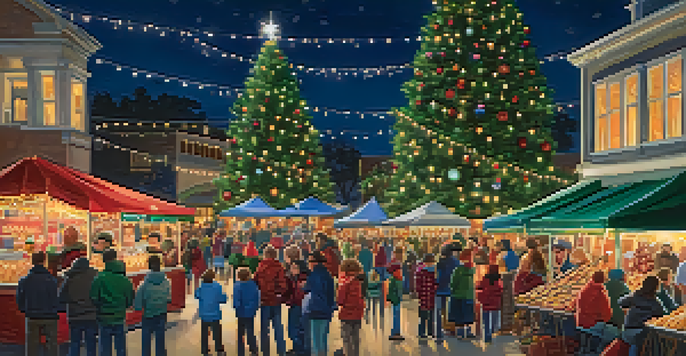 Families enjoying the Holiday Tree Lighting event in Carlsbad Village, with a beautifully decorated tree in the center and festive snacks being sold.