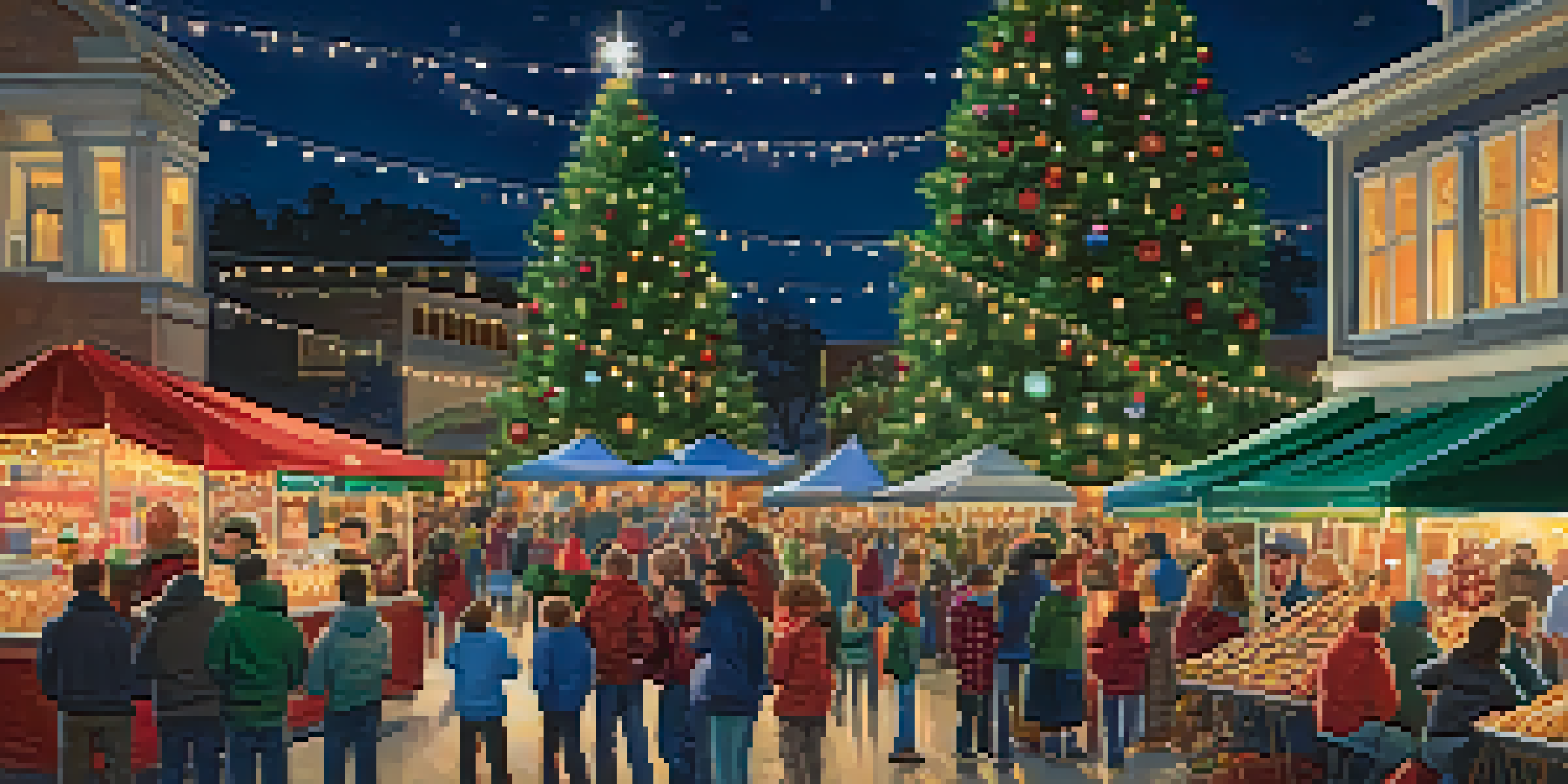 Families enjoying the Holiday Tree Lighting event in Carlsbad Village, with a beautifully decorated tree in the center and festive snacks being sold.