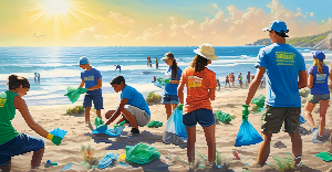 A group of diverse young volunteers participating in a beach clean-up, wearing colorful shirts and gloves, with the ocean in the background.