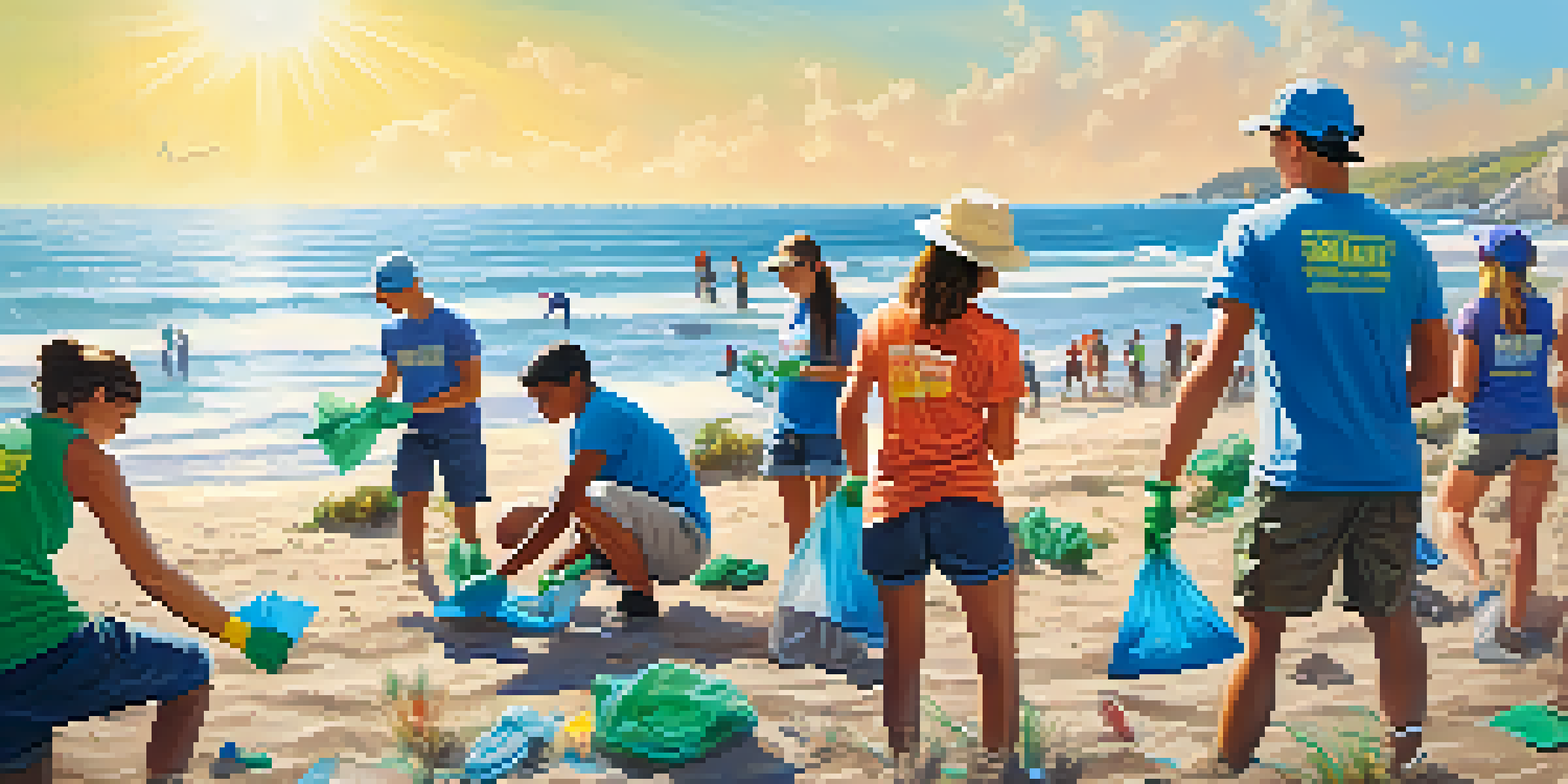 A group of diverse young volunteers participating in a beach clean-up, wearing colorful shirts and gloves, with the ocean in the background.
