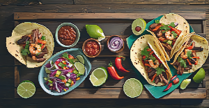 A vibrant assortment of Mexican tacos filled with various ingredients, displayed on a wooden table.