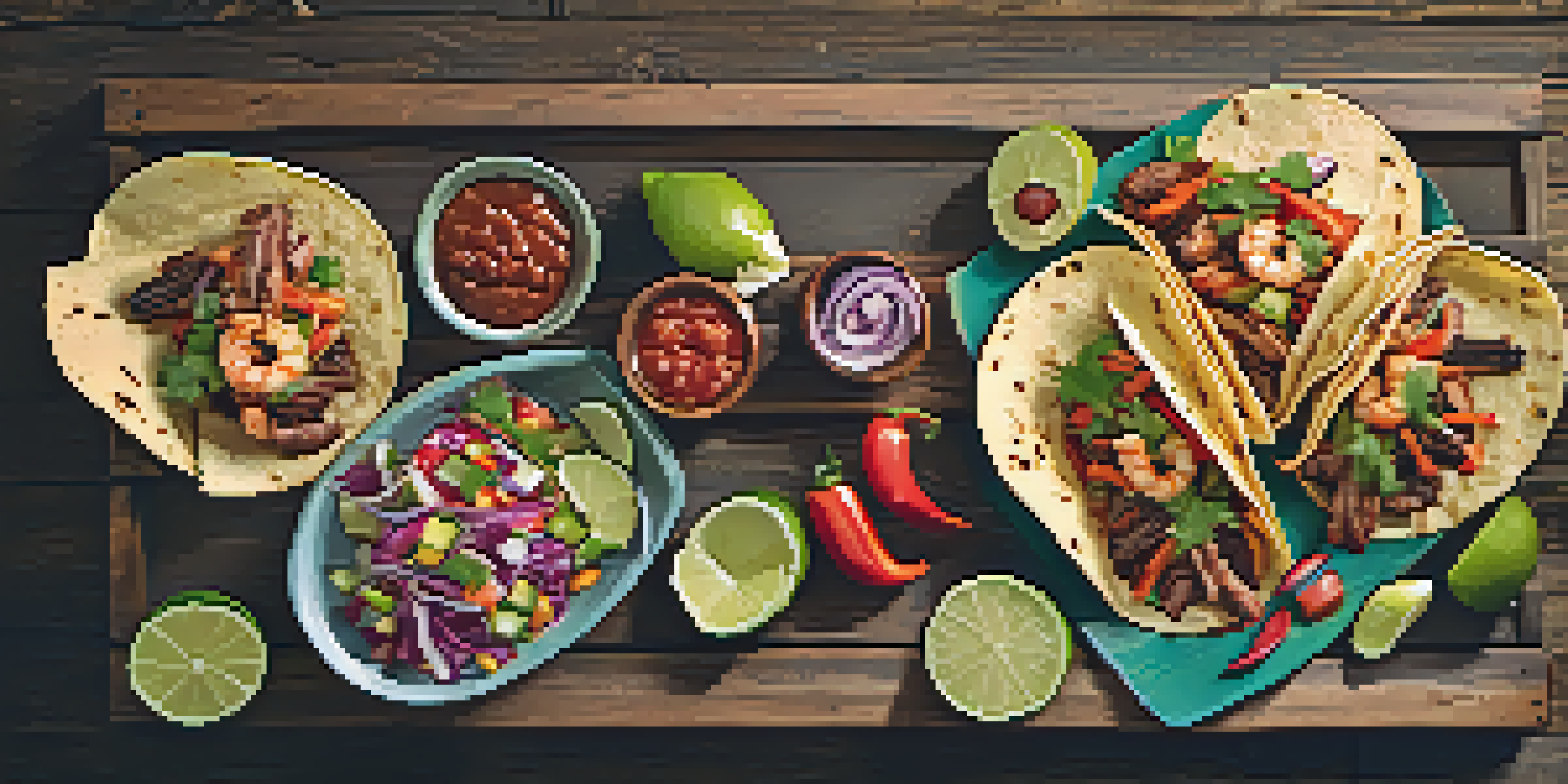 A vibrant assortment of Mexican tacos filled with various ingredients, displayed on a wooden table.