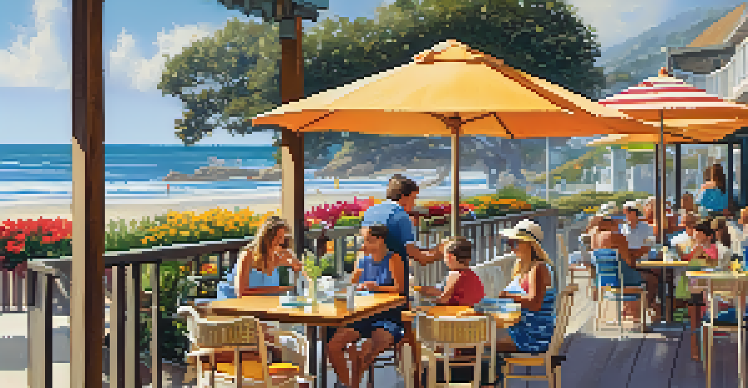 A family-friendly outdoor dining area at The Beachcomber Café, with plates of food and surfers in the background.