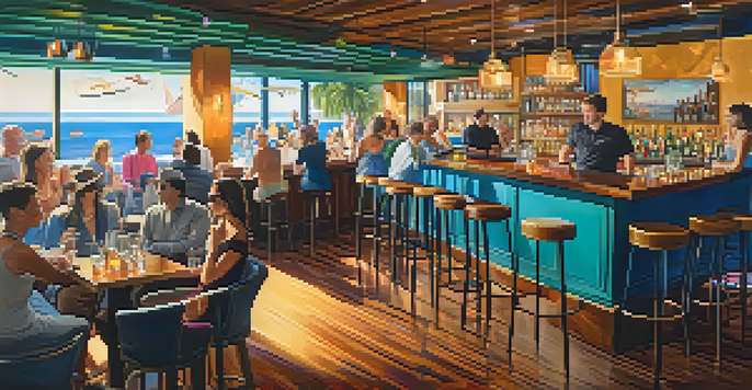 A lively bar scene at The Compass with colorful decor, ocean views, and patrons enjoying craft cocktails and appetizers in a warm and inviting atmosphere.