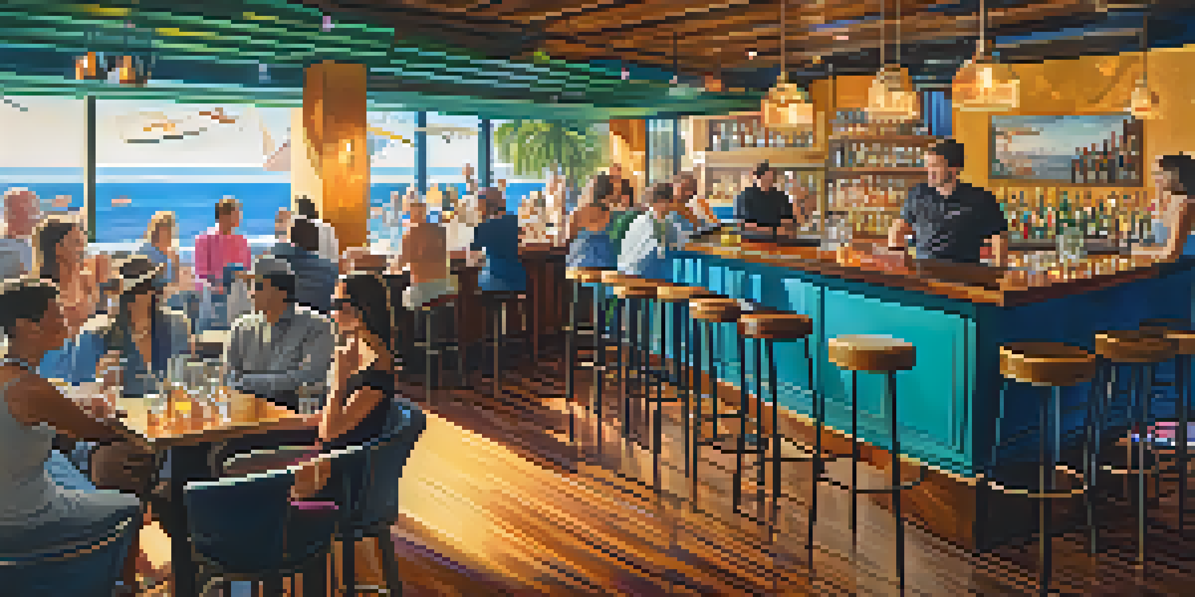 A lively bar scene at The Compass with colorful decor, ocean views, and patrons enjoying craft cocktails and appetizers in a warm and inviting atmosphere.
