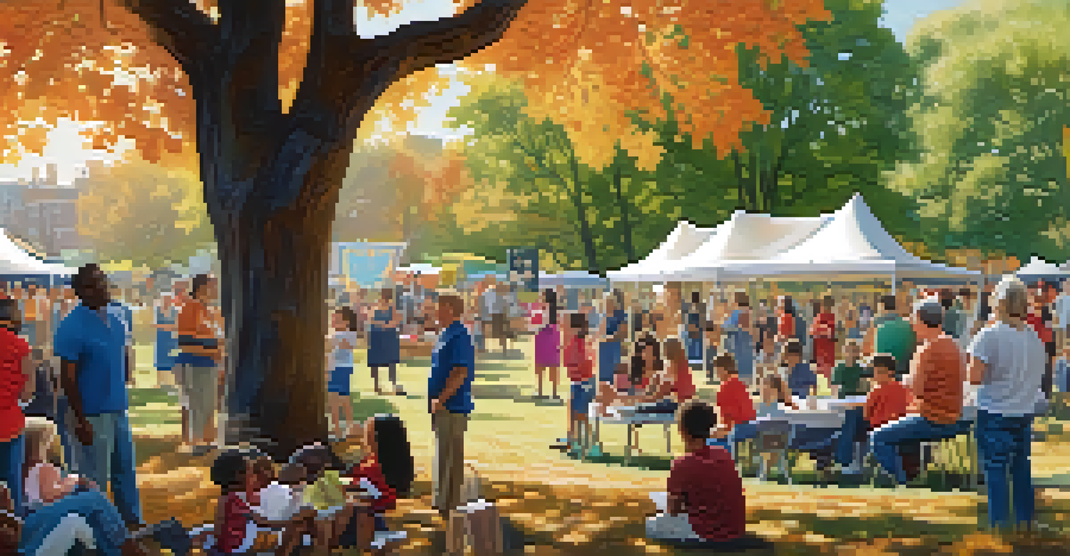 A community gathering in a park where people share local history stories, surrounded by colorful banners.