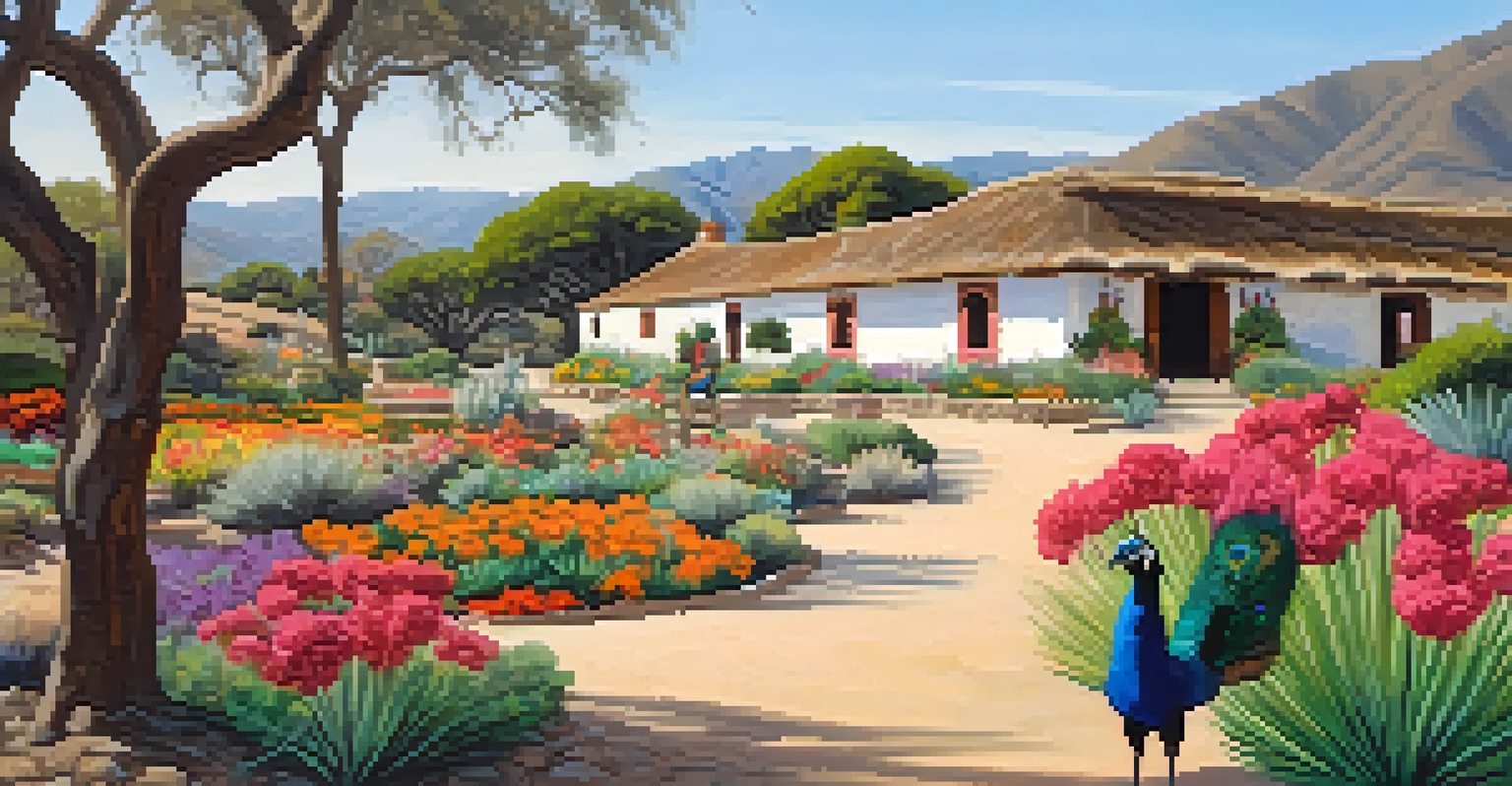 Leo Carrillo Ranch with adobe structures, flower gardens, and a peacock.