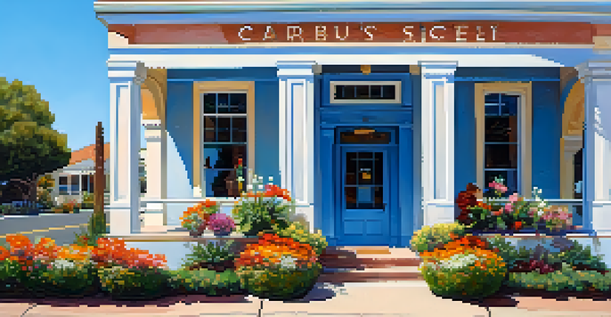 A sunny view of the Carlsbad Historical Society building with blooming flowers and visitors at the entrance.