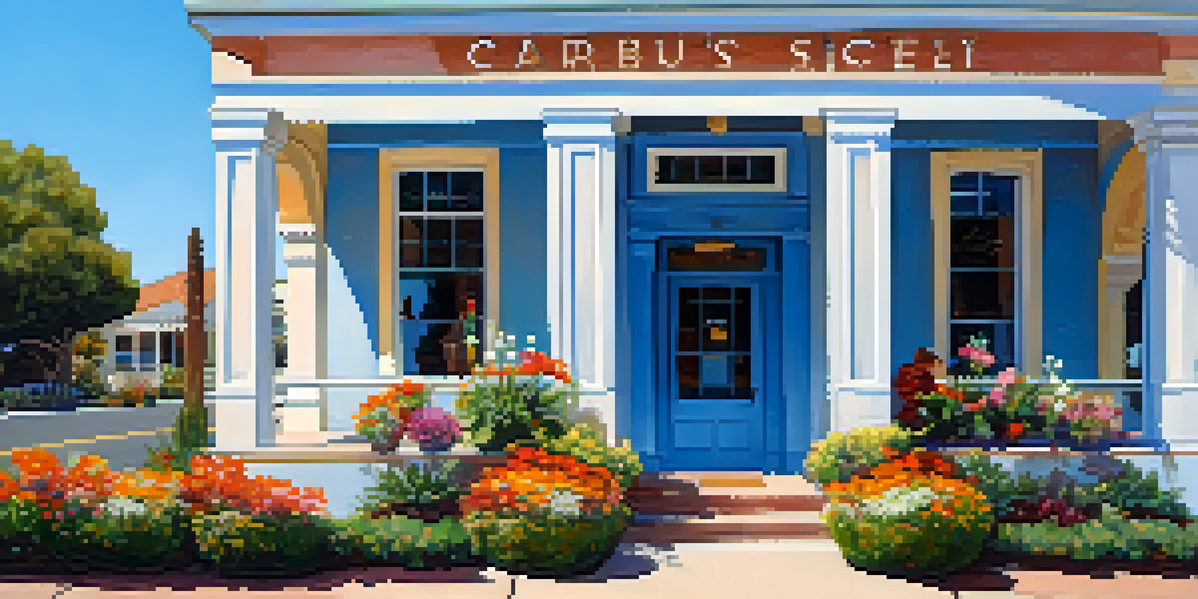 A sunny view of the Carlsbad Historical Society building with blooming flowers and visitors at the entrance.