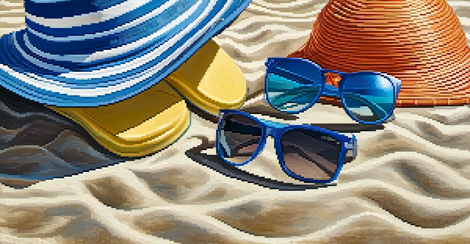 A close-up of a beach bag filled with sunscreen, a hat, a towel, and flip-flops, ready for a day at the beach.