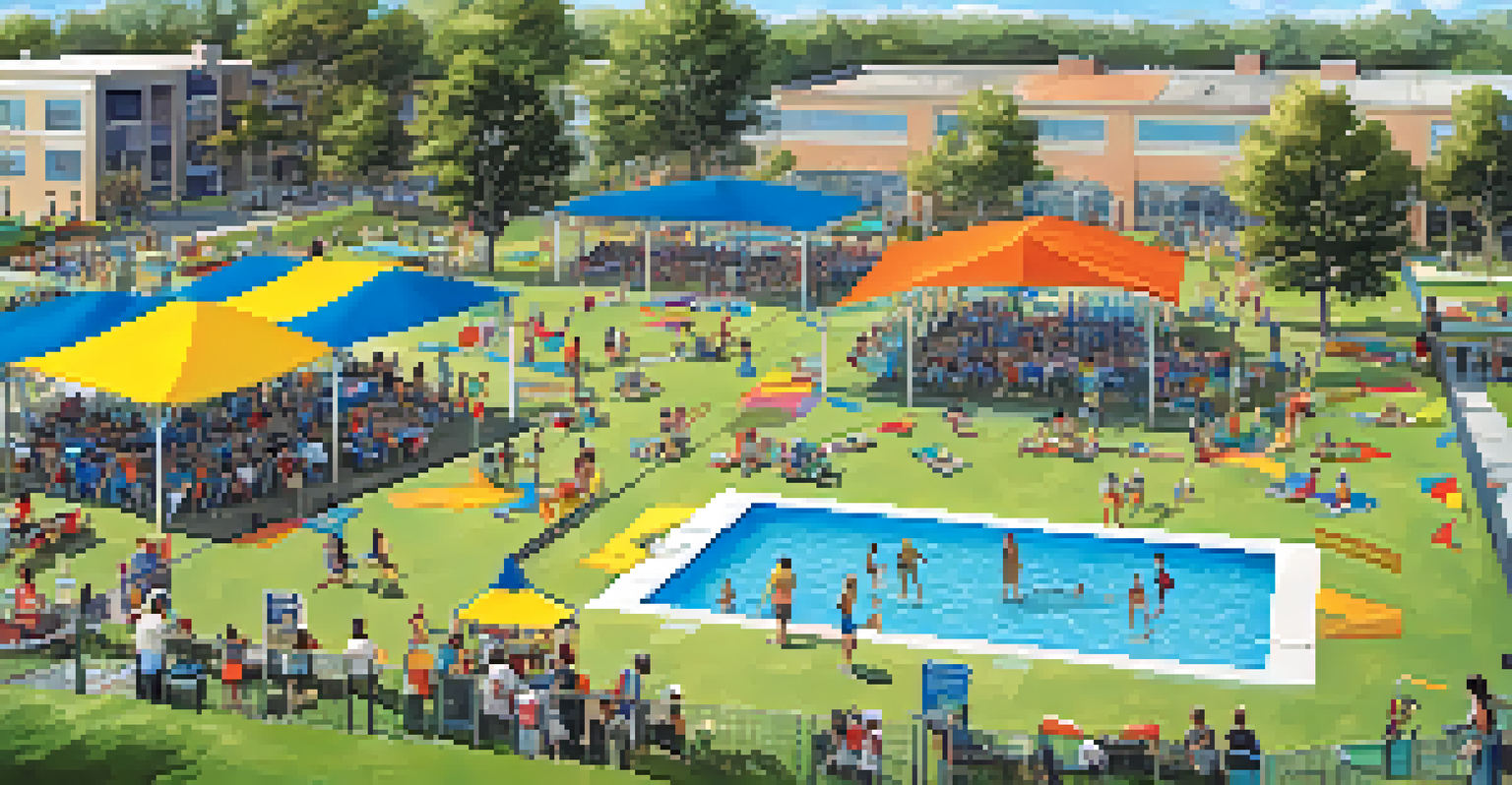 Aerial view of a community park with children swimming and playing sports, families enjoying the day.