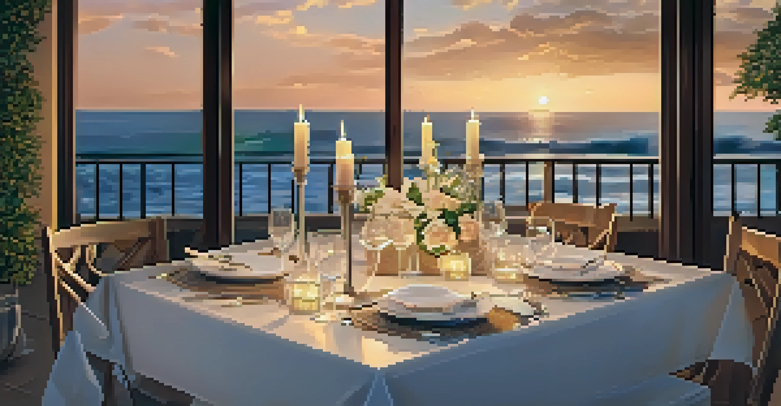 A romantic rooftop dining scene with a sunset view over the ocean, featuring a beautifully set table with candlelight.