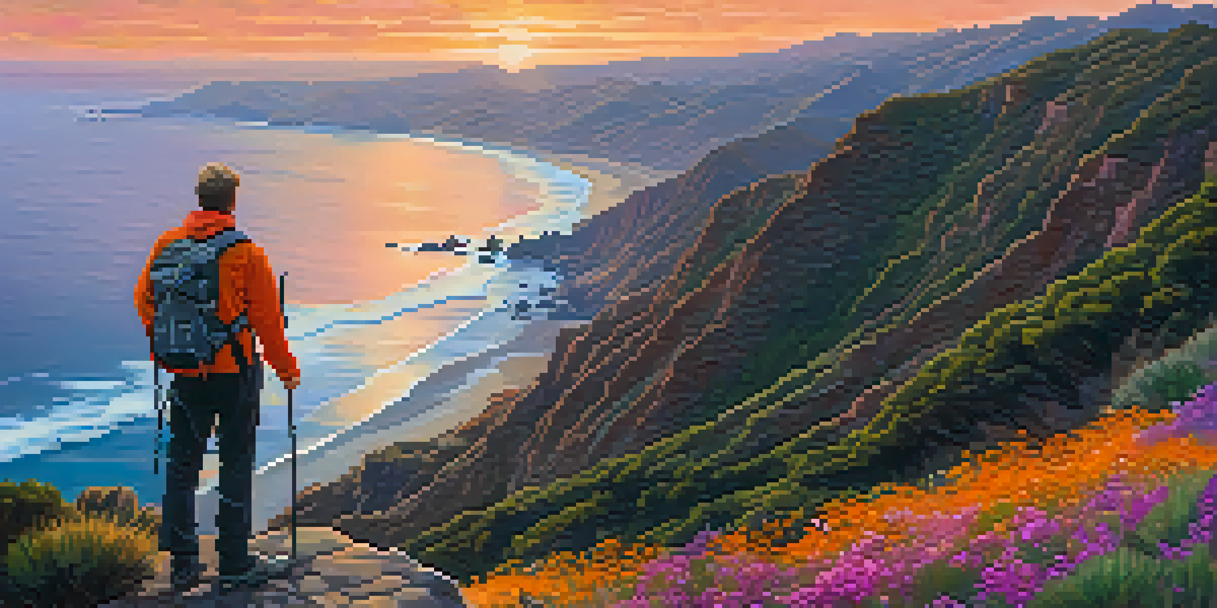 A hiker standing at the summit of a canyon trail, overlooking the ocean during sunset with colorful skies.
