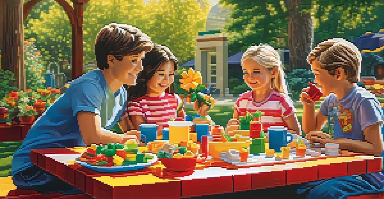A family enjoying Lego-themed meals at a picnic table in Legoland California, surrounded by greenery and colorful flowers.