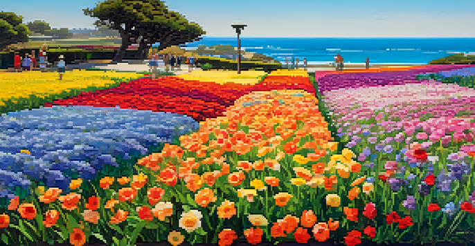 A colorful display of flowers in Carlsbad's Flower Fields with people walking through them, and the ocean in the background under a sunny sky.