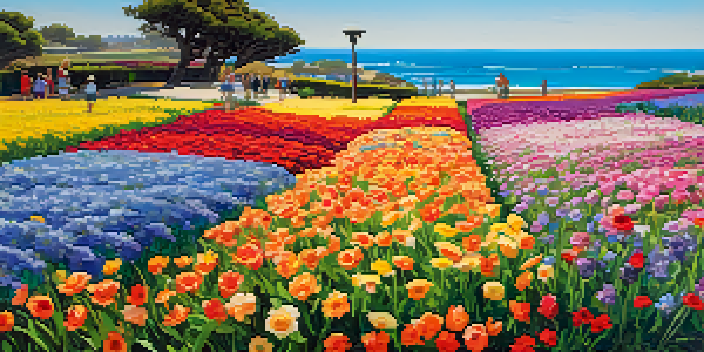 A colorful display of flowers in Carlsbad's Flower Fields with people walking through them, and the ocean in the background under a sunny sky.