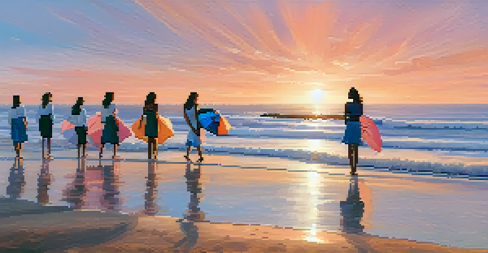 A peaceful beach scene in Carlsbad, California, with women participating in a beach cleanup at sunrise.
