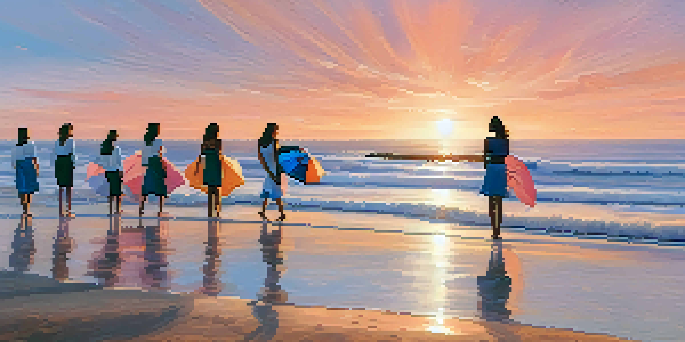 A peaceful beach scene in Carlsbad, California, with women participating in a beach cleanup at sunrise.