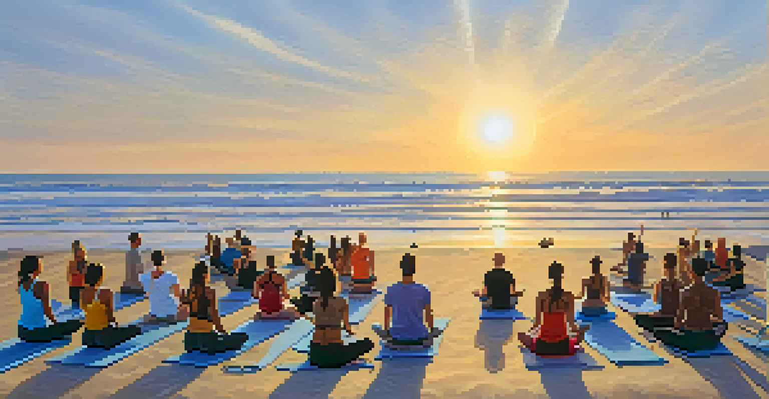 Participants doing yoga on the beach at sunset, with the ocean waves reflecting the golden sun.