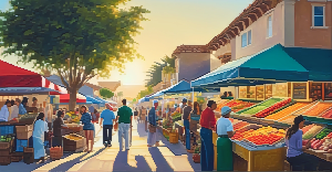 A lively outdoor market in Carlsbad featuring colorful stalls with fresh produce and diverse international dishes, with people enjoying their meals in the sun.