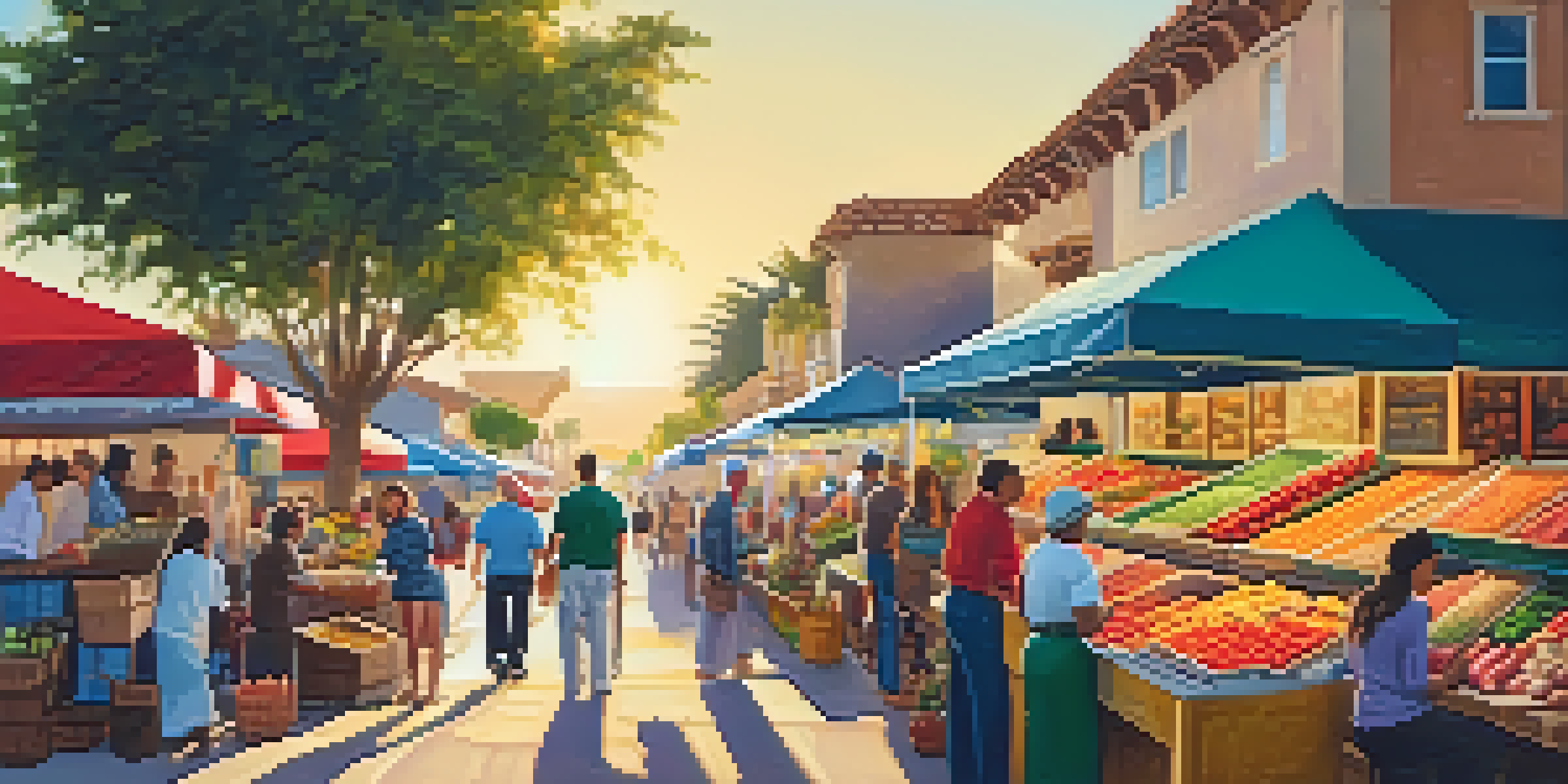 A lively outdoor market in Carlsbad featuring colorful stalls with fresh produce and diverse international dishes, with people enjoying their meals in the sun.