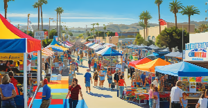 A lively scene of a community fair with colorful booths and volunteers interacting with families in a sunny outdoor setting.