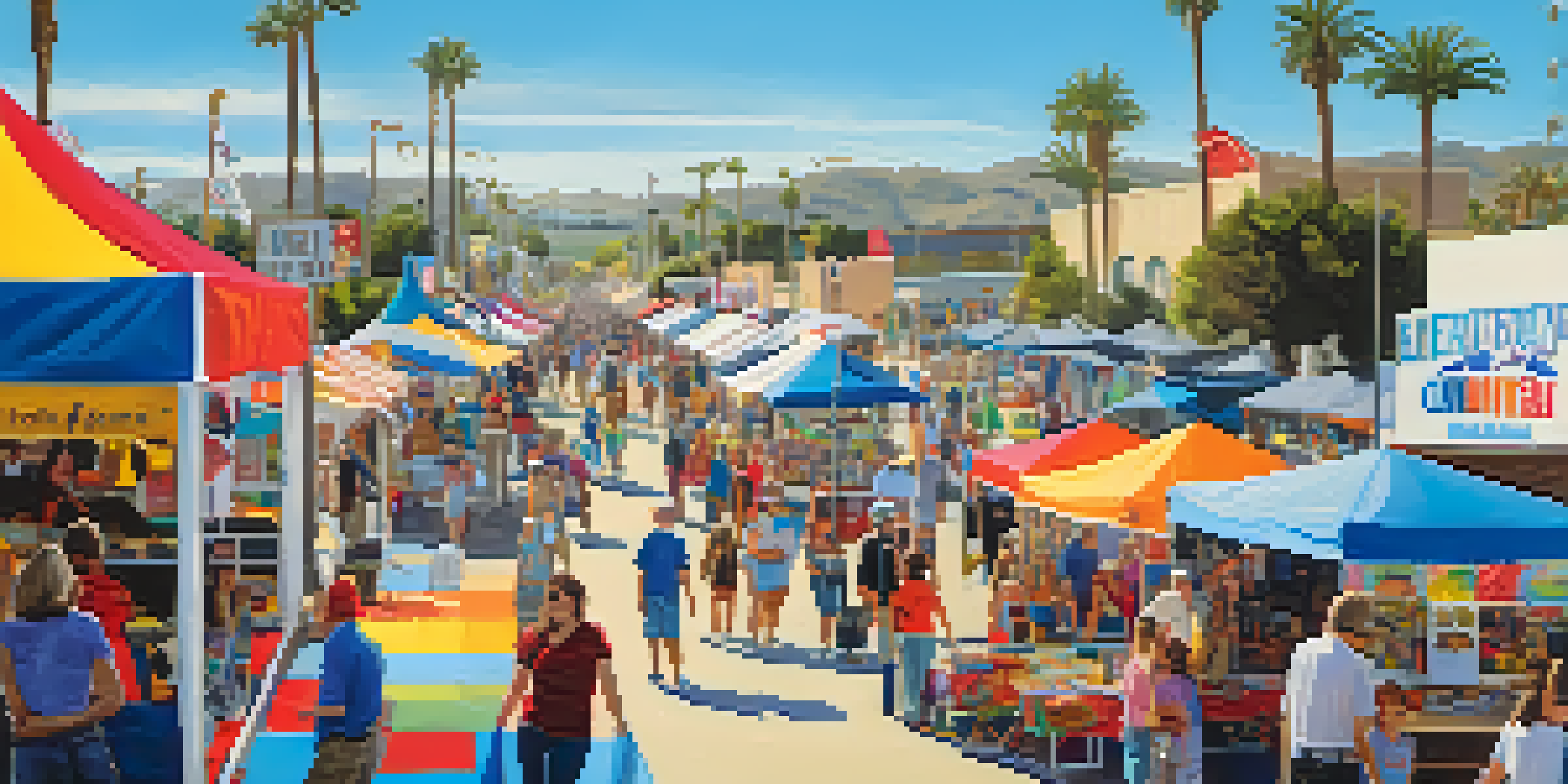 A lively scene of a community fair with colorful booths and volunteers interacting with families in a sunny outdoor setting.