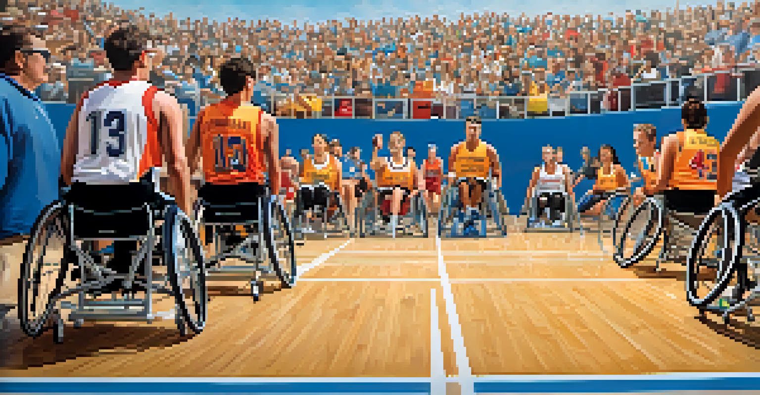 Athletes engaged in wheelchair basketball, showcasing excitement and teamwork in a vibrant sports setting.