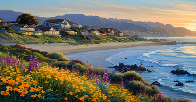 A scenic coastal view with blooming wildflowers, birds in the sky, and sea otters in the water during spring in Carlsbad.