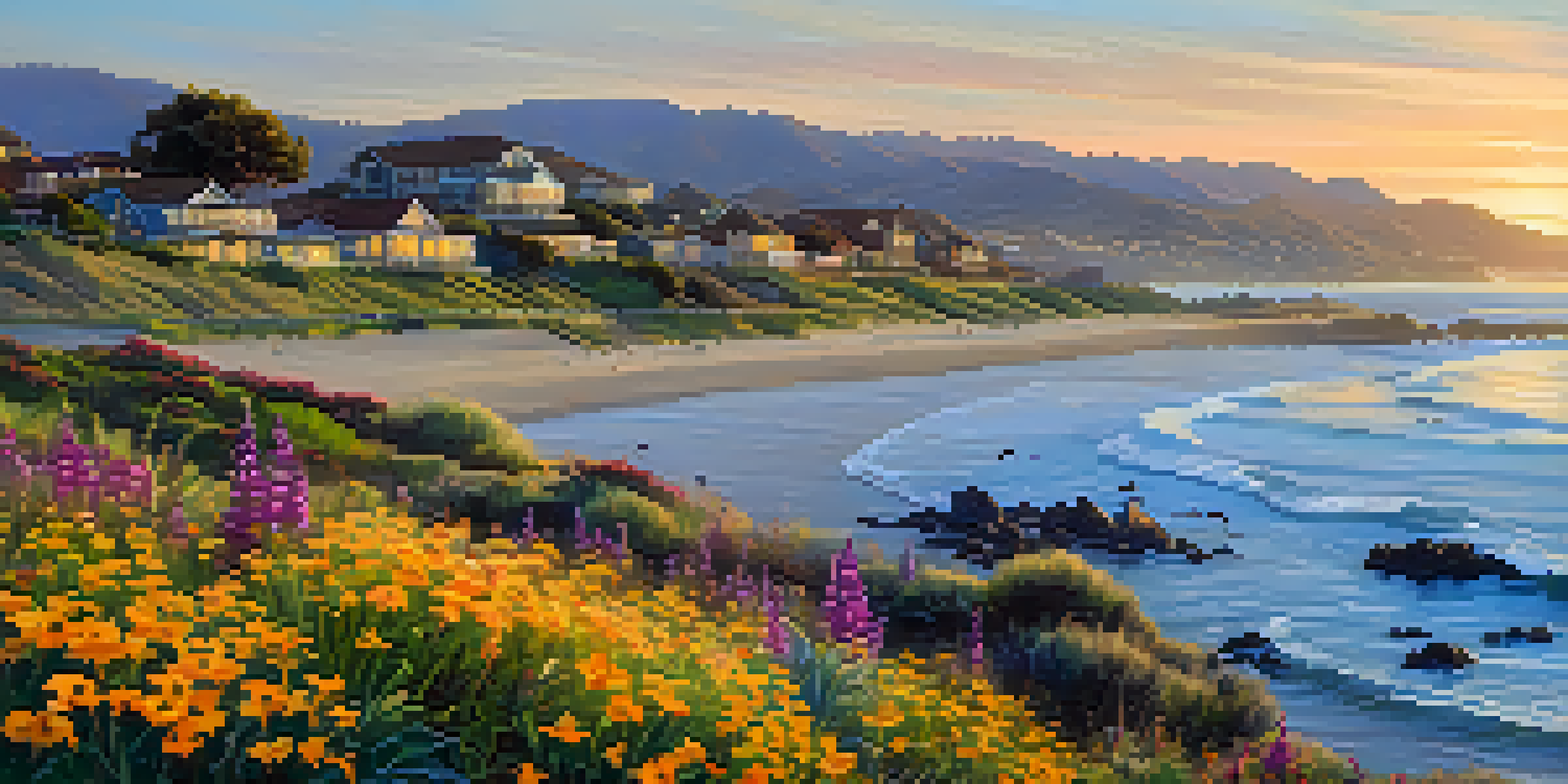 A scenic coastal view with blooming wildflowers, birds in the sky, and sea otters in the water during spring in Carlsbad.
