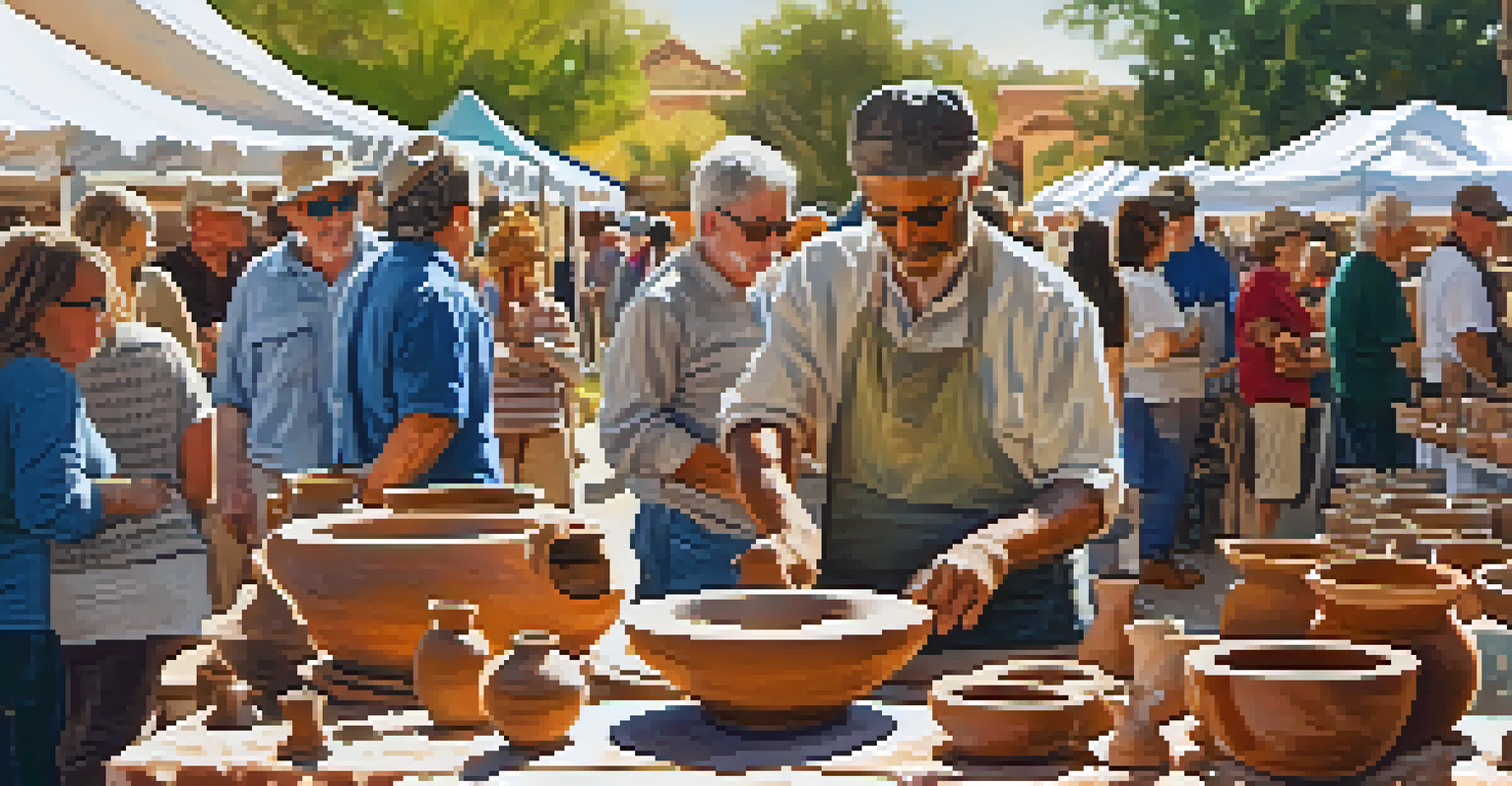 An artisan shaping pottery at a craft fair, with spectators watching and colorful pottery displayed around.