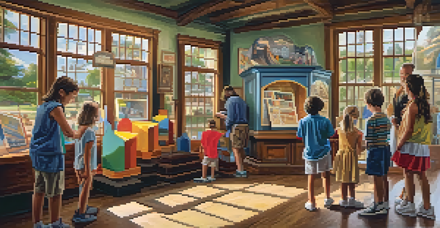 A family enjoying interactive exhibits at the Carlsbad Historical Museum, with children participating in a scavenger hunt.
