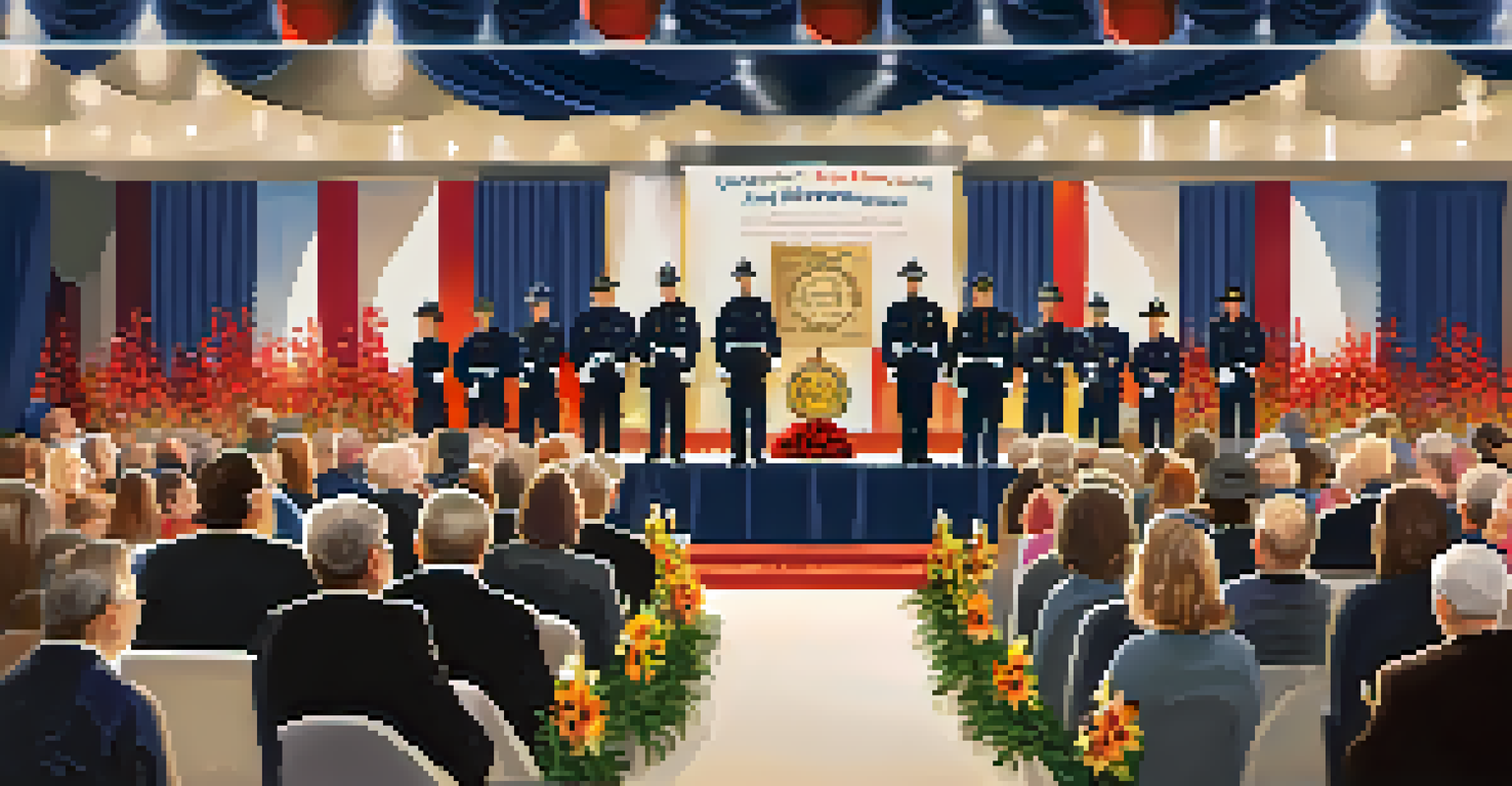 Volunteer firefighters being awarded for their service at a community awards ceremony, surrounded by supportive friends and families.