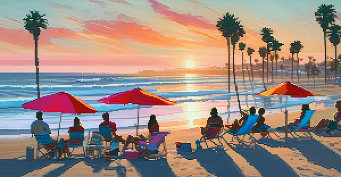 A beautiful sunset over Carlsbad's coastline, with people on the beach and palm trees in the foreground.