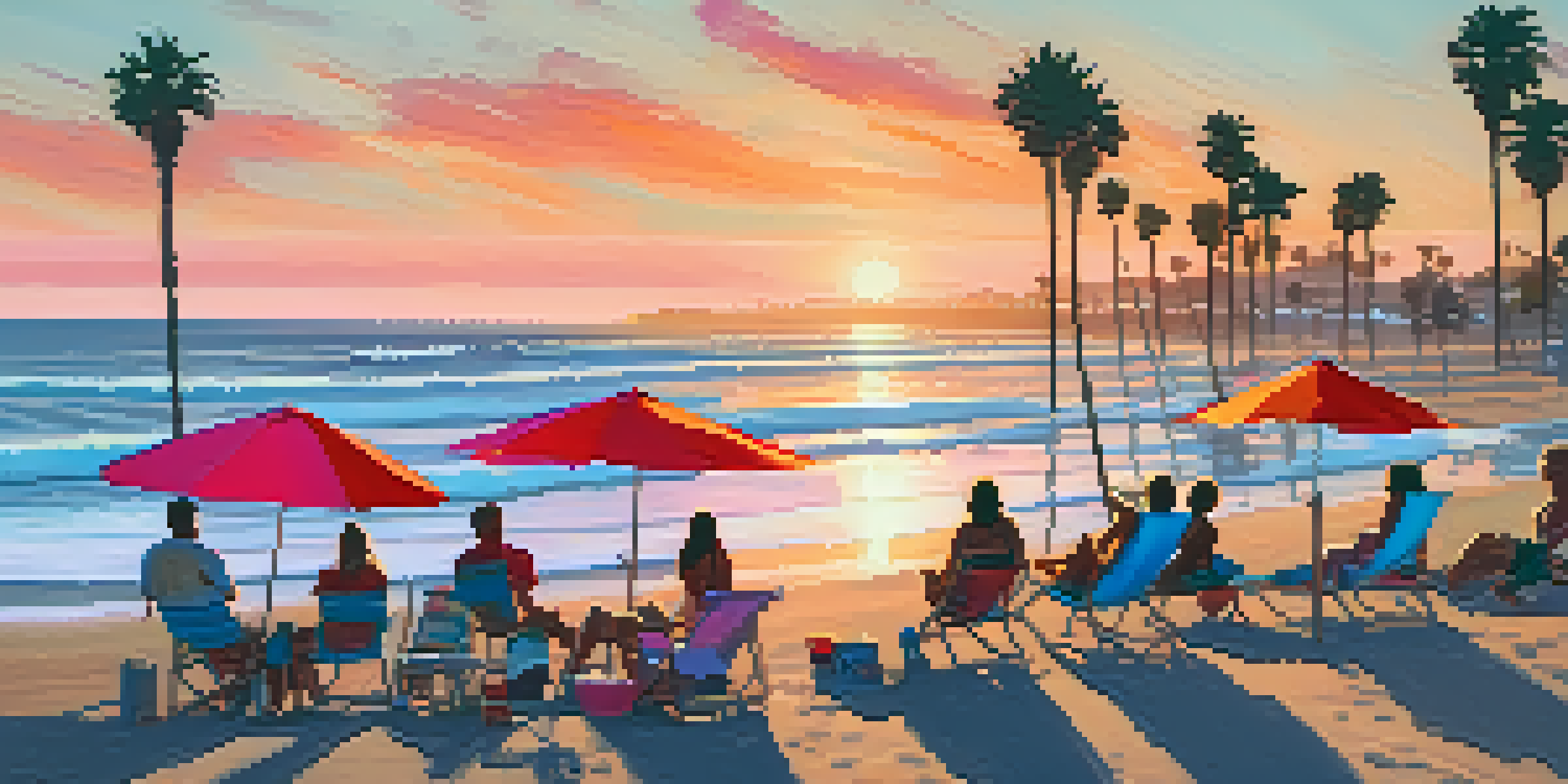 A beautiful sunset over Carlsbad's coastline, with people on the beach and palm trees in the foreground.