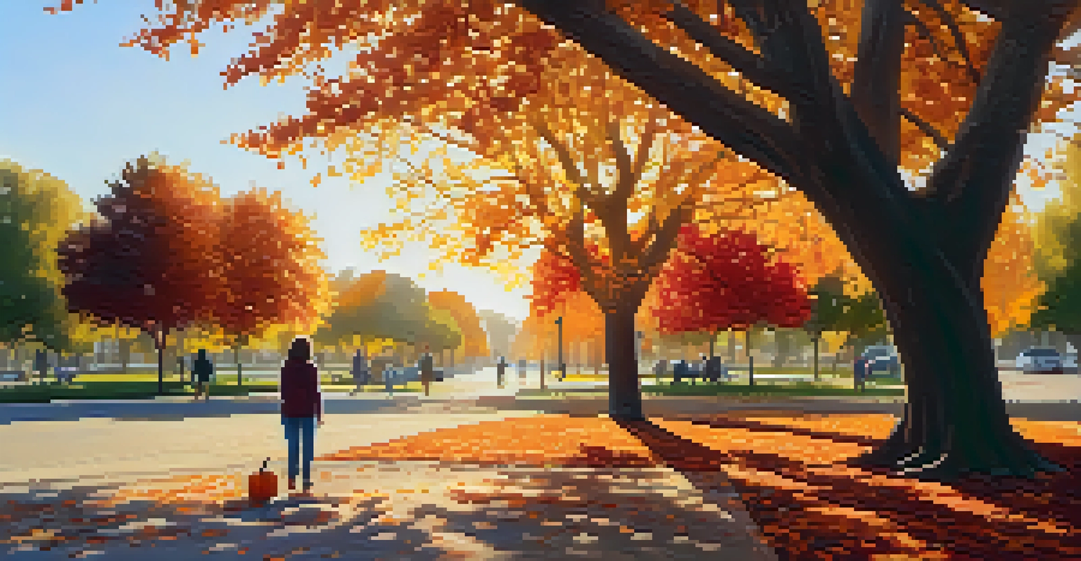 A fall scene in Carlsbad with colorful foliage, people walking in the park, and a farmer's market in the background.