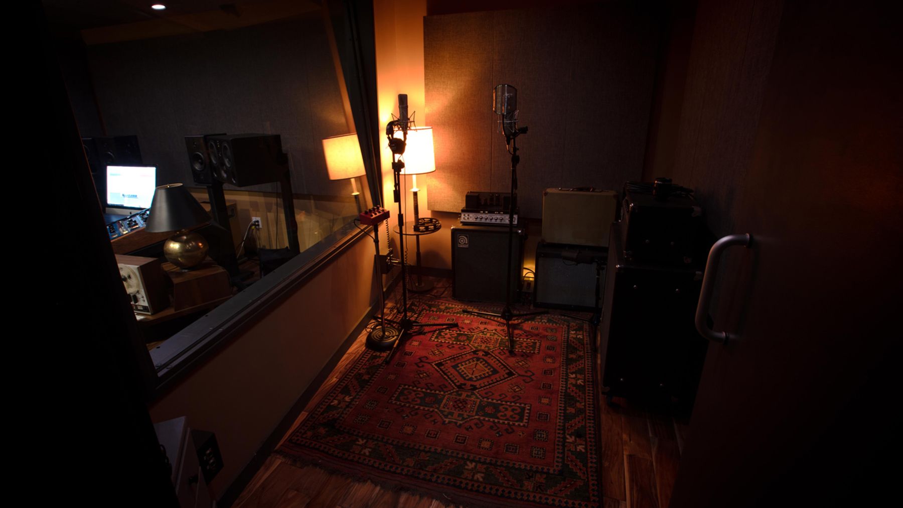 The view of the vocal booth facing east of recording studio A