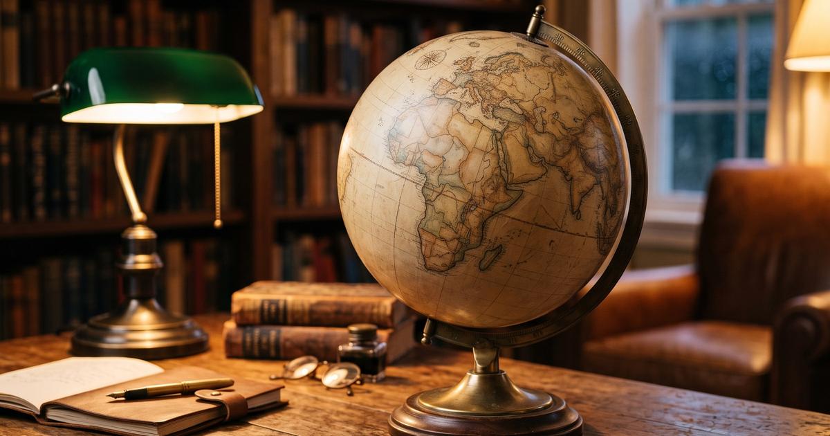 A vintage globe resting on a wooden desk under warm lamp light.