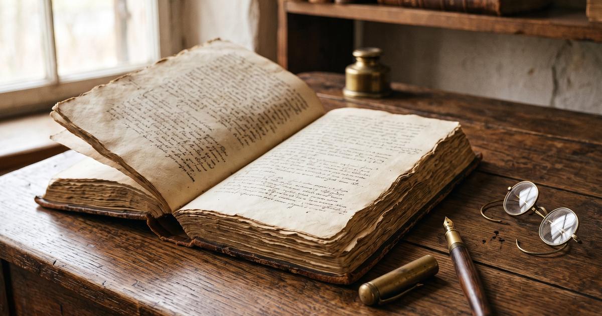 An open antique book beside a fountain pen on a wooden desk.