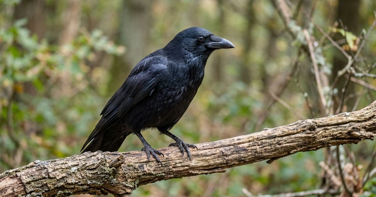 A crow perched on a branch with an alert, watchful expression.