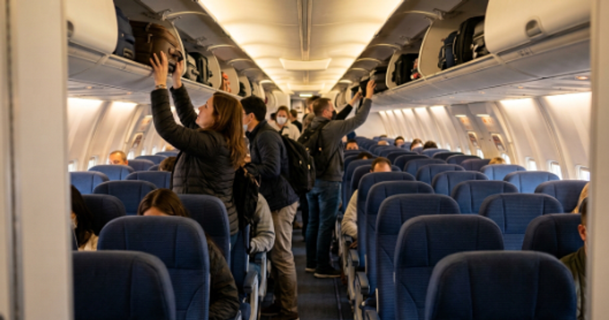 Passengers boarding an airplane and loading luggage into overhead bins.