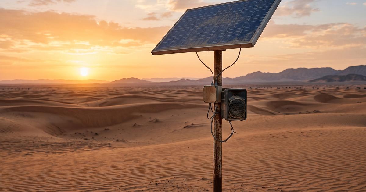 A vast empty desert landscape at golden hour with a single weathered solar panel and small speaker mounted on a pole, photorealistic style, warm sand tones, no people, no text or logos, no readable brand names.
