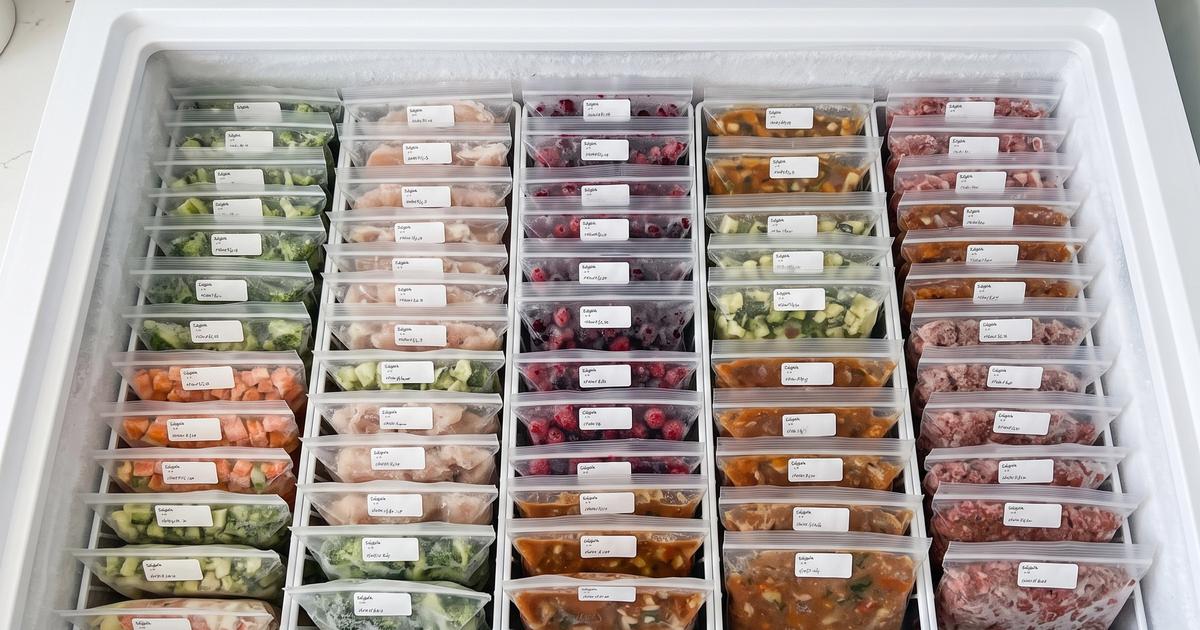 Freezer bags stored upright and organized in rows inside a freezer.