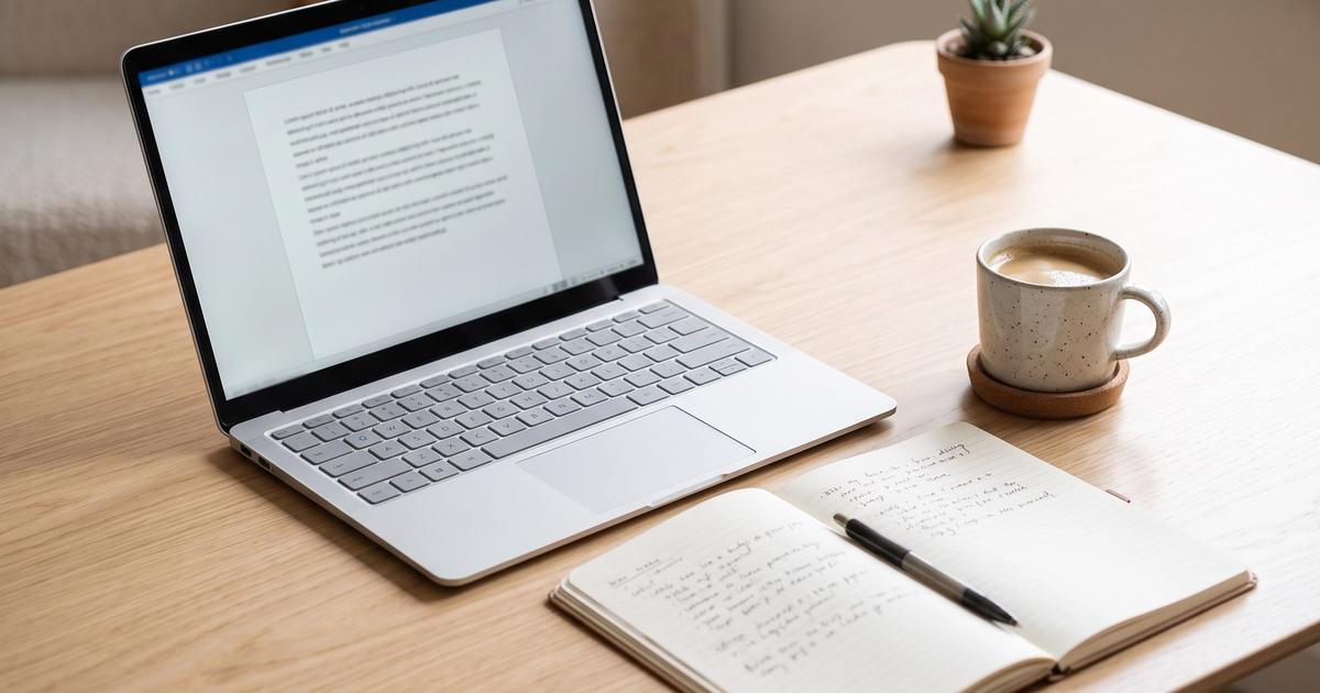 A tidy desk with a laptop, notebook, and coffee in soft natural light.