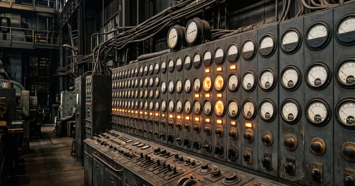 A vintage industrial control room with analog gauges and warning lights.