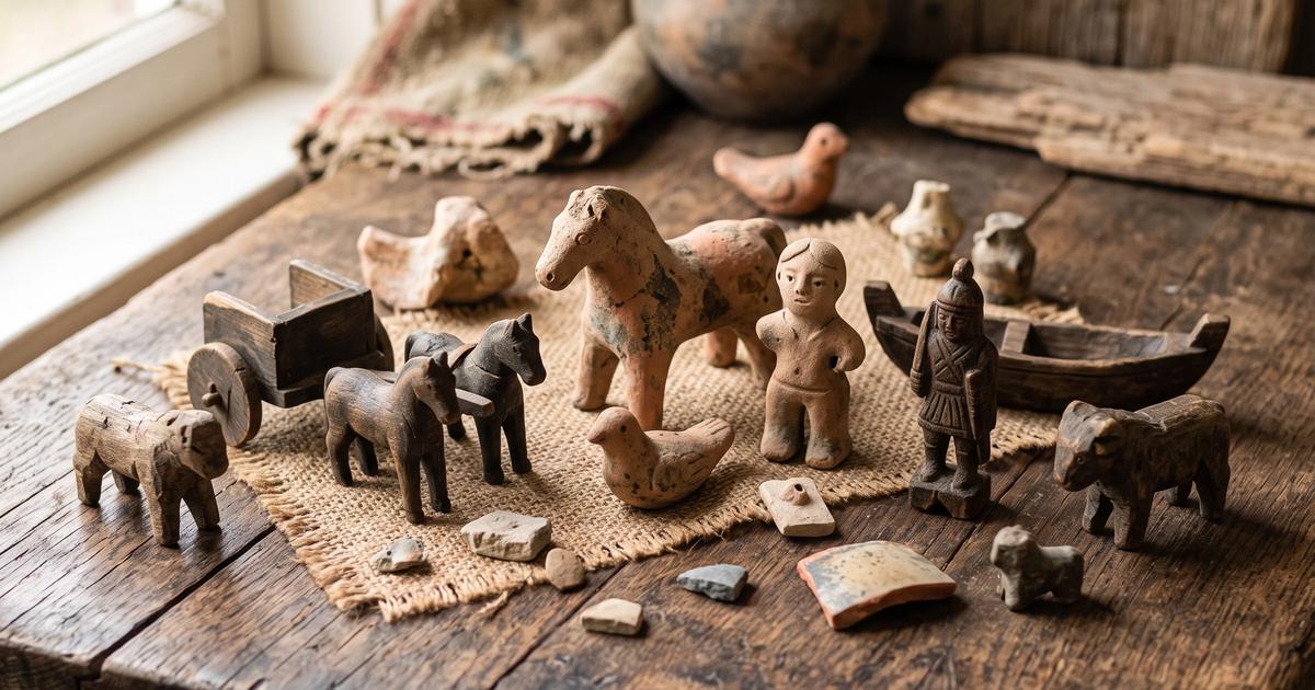 A collection of ancient style clay and wooden toy figures on a wooden surface.