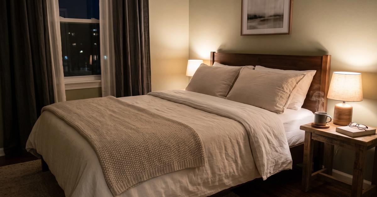 A calm, softly lit bedroom set up for sleep at night.